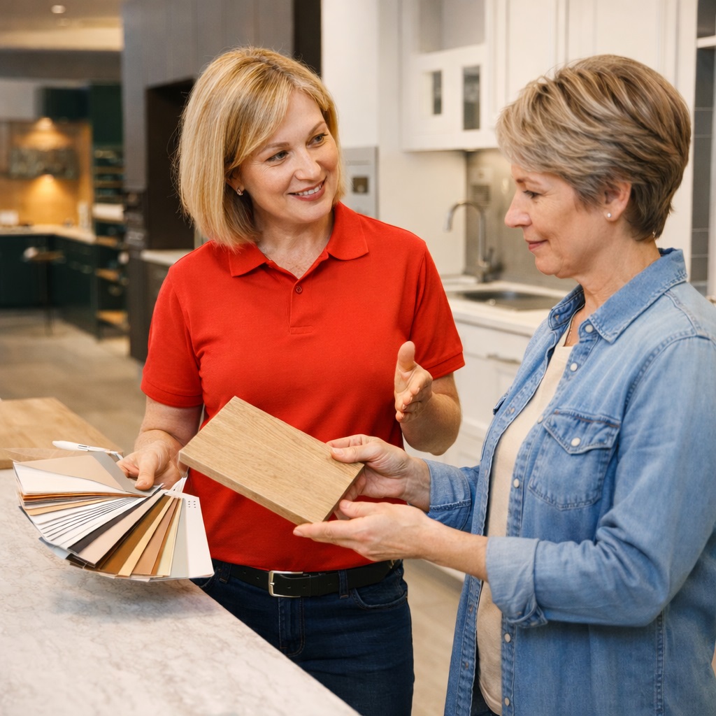 Консультант магазина показывает образцы материалов клиенту